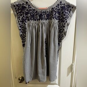 Black and White Striped Top with Embroidery Detail